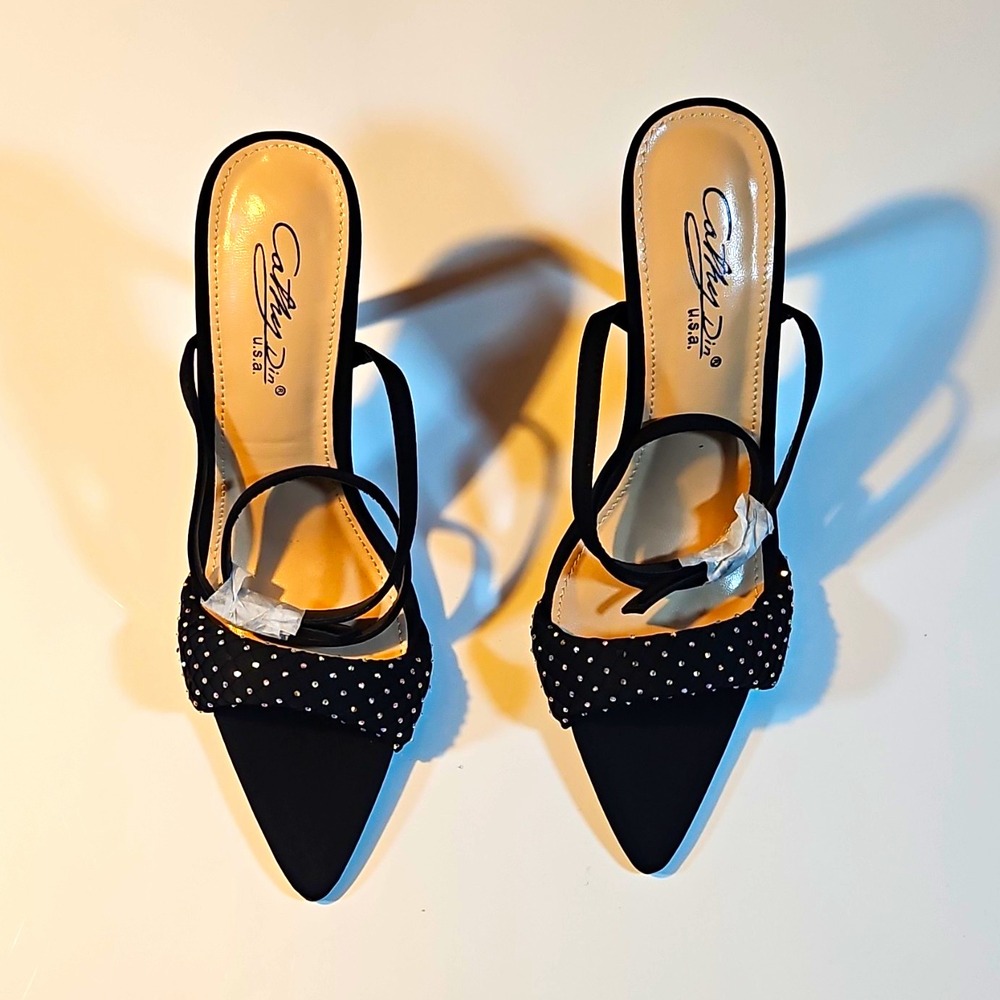 Cathy Jean Black Synthetic Rhinestone Strappy Pointed Toe Ankle Strap Heel 8